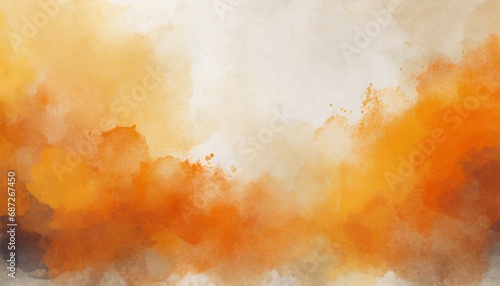 fall watercolor background in orange and white painting with distressed texture grunge border soft fog or hazy warm fall or autumn colors halloween background