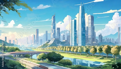 landscape of a futuristic city in anime style illustration generative ai © Alicia