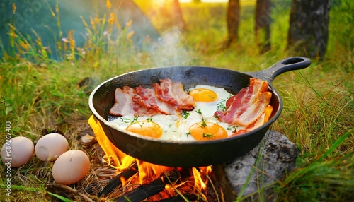 camping breakfast with bacon and eggs in a cast iron skillet fried eggs with bacon in a pan in the forest food at the camp scrambled eggs with bacon on fire picnic