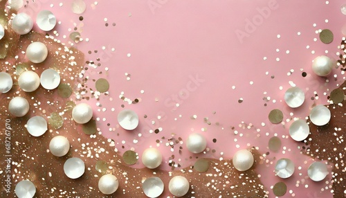 pearl confetti on pink background flat lay top view