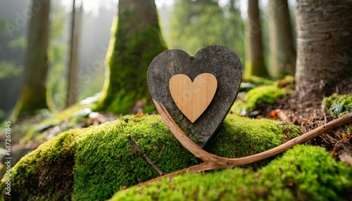 forest dig cemetery funeral background closeup of wooden heart on moss natural burial grave in the woods tree burial generative ai