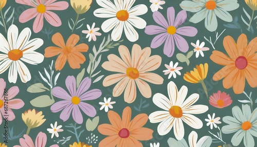 trendy floral seamless pattern vintage 70s style hippie flower background design colorful pastel color groovy artwork y2k nature backdrop with daisy flowers