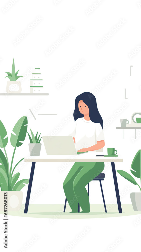 Young woman working in laptop, flat illustration. Young woman working in laptop, flat illustration.