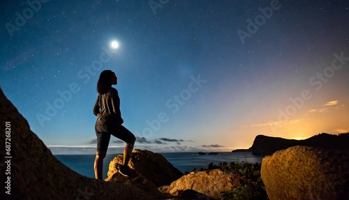 silhouette of a person on rocks looking at the night sky with vialla lacte and moon in the background