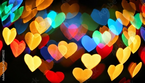 blurred view of colorful heart shaped lights on black background