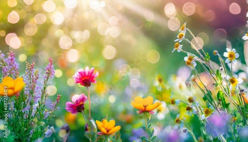 colorful flower meadow with sunbeams and bokeh lights in summer nature background banner with copy space summer greeting card wildflowers spring concept