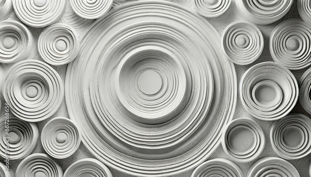 many concentric random offset white rings or circles background wallpaper banner flat lay top view from above with copy space
