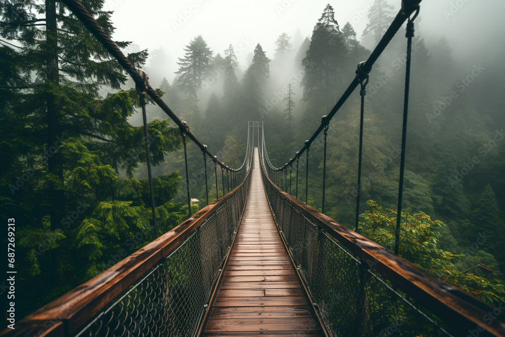 Suspension bridge in a dense green forest with pine trees Suspension bridge in a dense green forest with pine trees