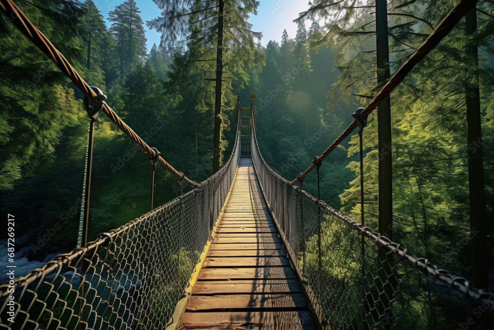 Obraz premium Suspension bridge in a dense green forest with pine trees