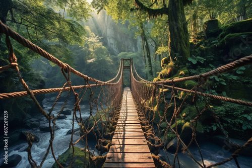 Suspension bridge in a dense green forest with pine trees