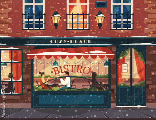 Front view of bistro or cafe, exterior facade of restaurant. Banner or background for winter holidays. Romantic Valentine's day dinner or date in cozy place. Christmas or New Year holidays celebration