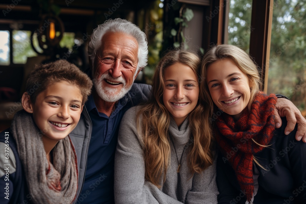Portrait of happy family sitting in cafe. Grandfather, grandmother and grandchildren smiling and looking at camera. Portrait of happy family sitting in cafe. Grandfather, grandmother and grandchildren smiling and looking at camera.