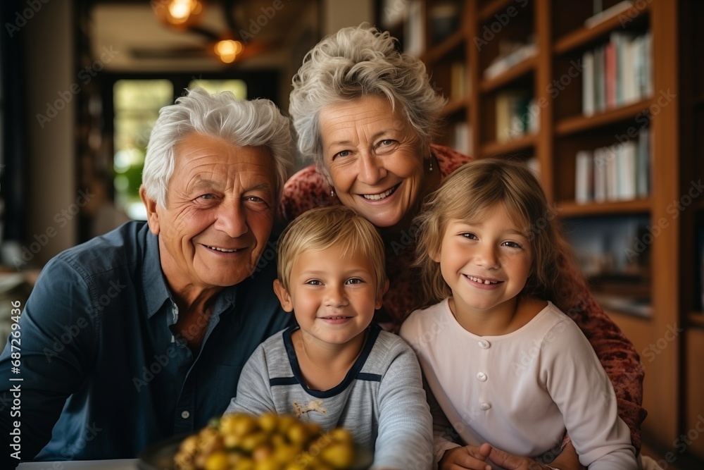 Portrait of happy family sitting in cafe. Grandfather, grandmother and grandchildren smiling and looking at camera. Portrait of happy family sitting in cafe. Grandfather, grandmother and grandchildren smiling and looking at camera.