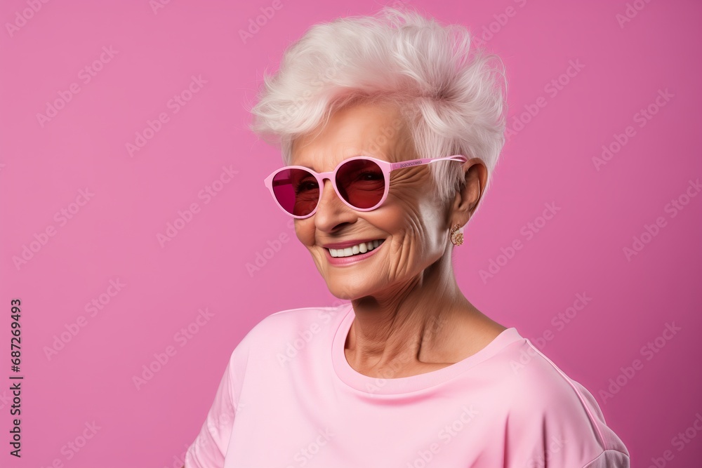 Funny senior woman with pink hair and sunglasses. Studio shot. Funny senior woman with pink hair and sunglasses. Studio shot.