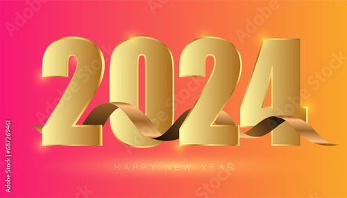 Happy New Year 2024 golden color and ribbon with gradient in background  (ID: 687269461)