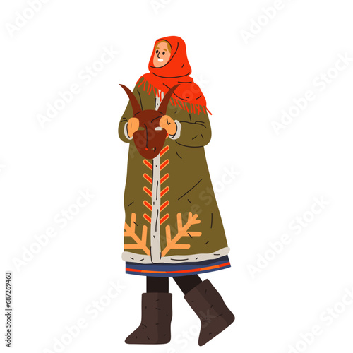 Woman with mask celebrating Christmas or new year festive. Vector image for traditional winter holiday celebration. Slav or slavic female at Xmas or koliada, koleda. December festive. Wintertime sign
