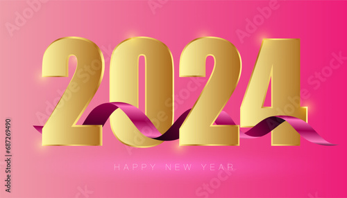 Happy New Year 2024 golden color and ribbon with gradient in background  (ID: 687269490)
