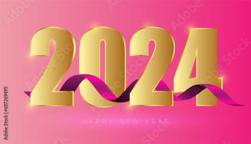 Happy New Year 2024 golden color and ribbon with gradient in background  (ID: 687269495)