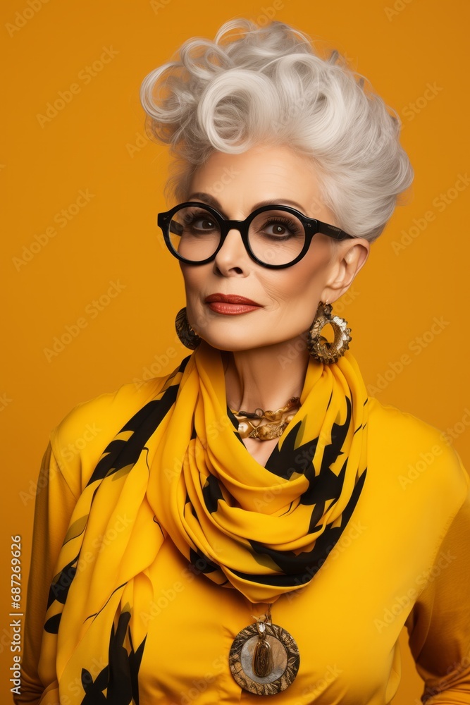 Portrait of beautiful senior woman in glasses on a yellow background. Portrait of beautiful senior woman in glasses on a yellow background.