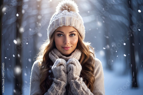 Cute woman in knitted hat and mittens in winter outdoor with flying snowflakes around her. Winter joy, waiting for a miracle. 
