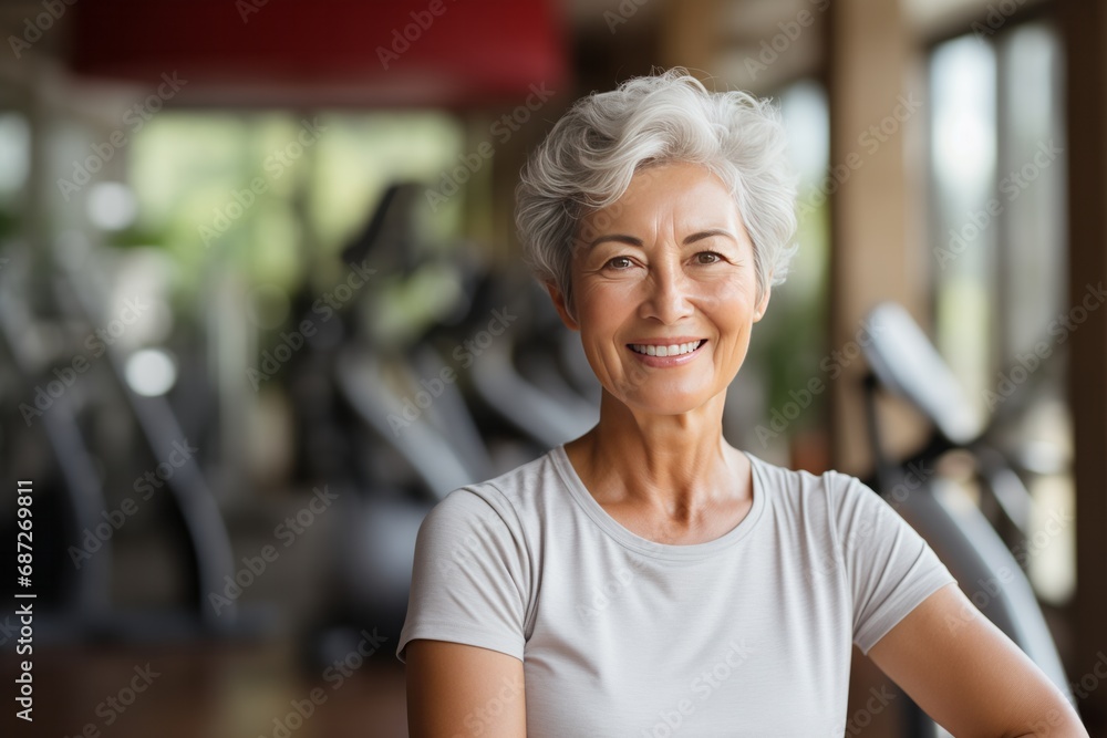 Portrait of smiling senior woman on exercise bike in fitness center with people on background Portrait of smiling senior woman on exercise bike in fitness center with people on background