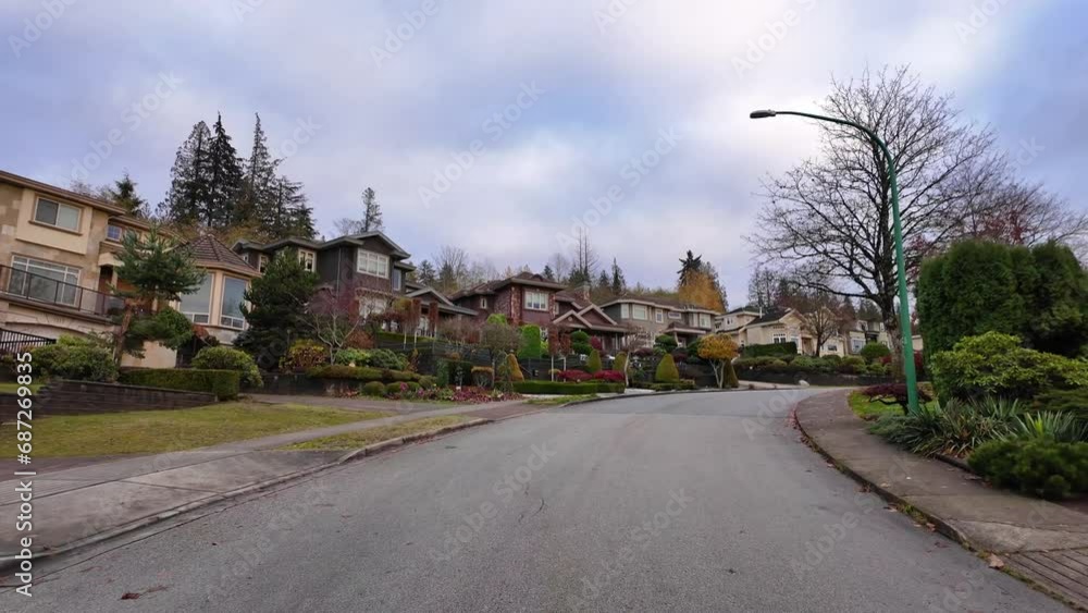 Road and Path in Suburban Neighborhood. Sunset, Fall Season. Burnaby, Vancouver British Columbia Canada. Road and Path in Suburban Neighborhood. Sunset, Fall Season. Burnaby, Vancouver British Columbia Canada.
