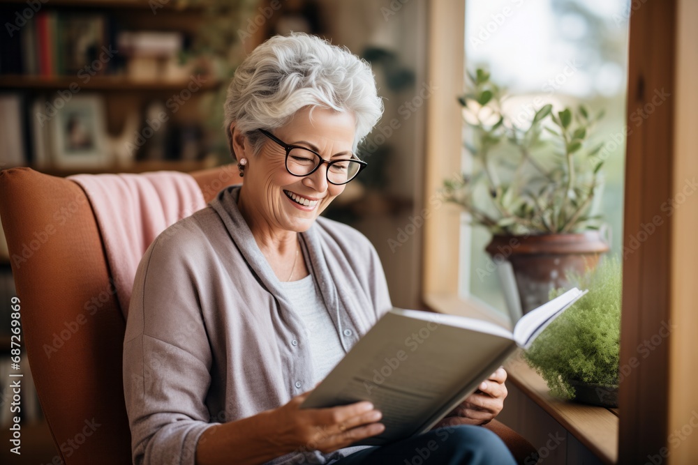 Smiling senior woman reading book while sitting in armchair at home Smiling senior woman reading book while sitting in armchair at home