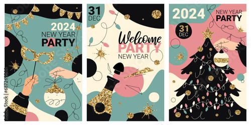 Set of vector banners for happy 2024 New Year party. Isolated flyer for winter holiday night celebration with carnival mask and champagne. Invitational sign for wintertime festive. Club invite clipart