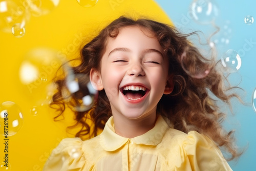 Euphoric Young Girl Enjoying Bubble Fun on Vibrant Background
