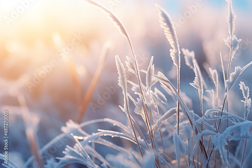 Magical Photo of a Winter Frosty Morning - Grass and Arstenia Covered with Sparkling Ice - Winter Wonderland Scene - Created with Generative AI Tools