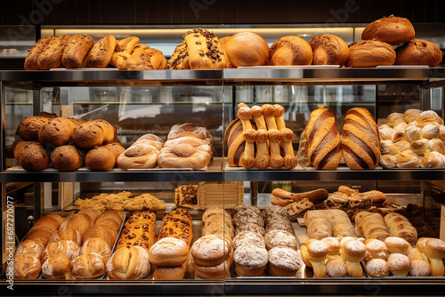 Modern Bakery with Different Kinds of Bread, Cakes, and Buns in Rosenberg - Artisanal Baked Goods Showcase - Created with Generative AI Tools