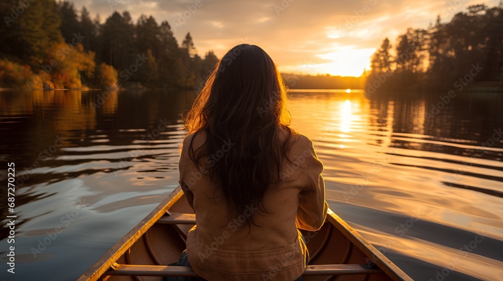 Fototapeta premium A serene image capturing a young woman paddling a canoe on a tranquil lake, surrounded by the breathtaking beauty of nature, embodying the spirit of freedom and adventure.