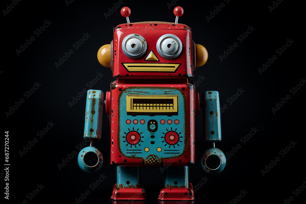 Fototapeta premium Vintage Tin Robot Toy Isolated on a Background - Retro Robot Collectible - Created with Generative AI Tools