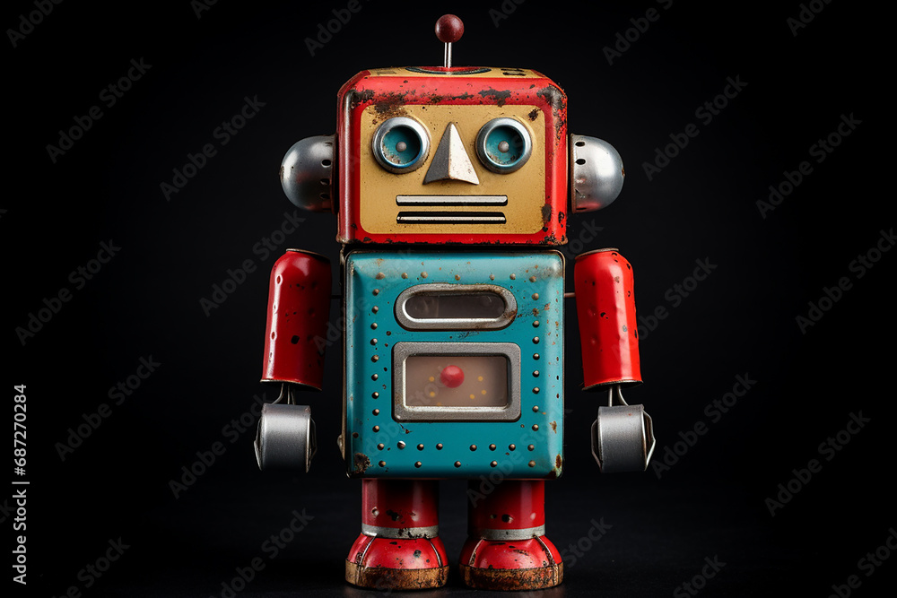 Fototapeta premium Vintage Tin Robot Toy Isolated on a Background - Retro Robot Collectible - Created with Generative AI Tools