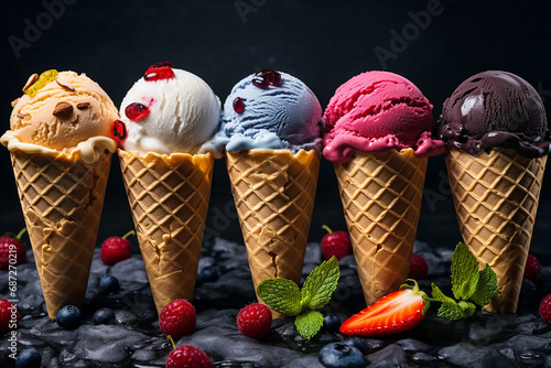 Various Ice Cream Flavors in Cones - Sweet Frozen Treats Delight - Created with Generative AI Tools