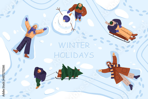 Winter holiday outdoor activities vector illustration. Wintertime activity clipart. Children or kids making snow angel and snowman, sledding and fir tree on sledge. Snowy park game and ice activity.
