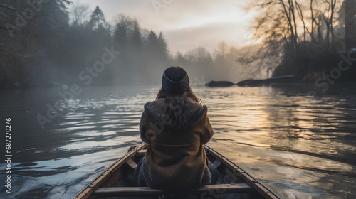 A serene image capturing a young woman paddling a canoe on a tranquil lake, surrounded by the breathtaking beauty of nature, embodying the spirit of freedom and adventure. © TensorSpark