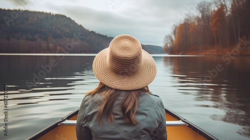 A serene image capturing a young woman paddling a canoe on a tranquil lake, surrounded by the breathtaking beauty of nature, embodying the spirit of freedom and adventure.
