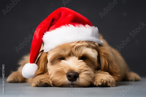 Festive Pooch: Santa-Clad Canine Resting