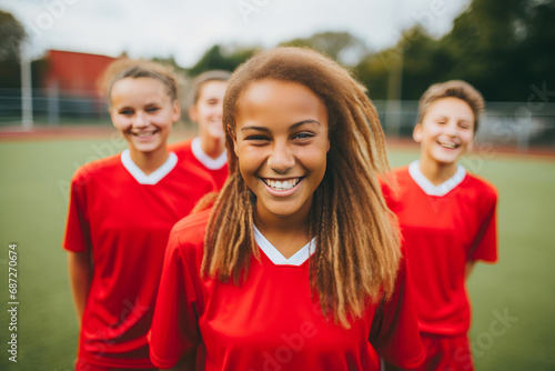 Cheerful High School Girls in Red Soccer Uniforms