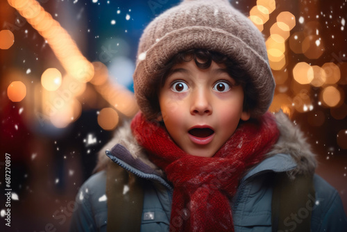 Festive Surprise: Child in Winter Attire Amidst Sparkling Green Bokeh