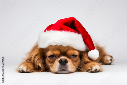 Seasonal Serenity: Dog Lounging in Santa Red © Andrii 