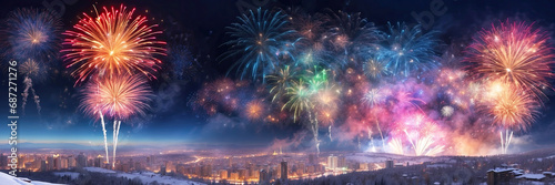 Colorful fireworks for Christmas and New Year in winter over a snowy city with multi-storey buildings, a river, a panorama. Banner