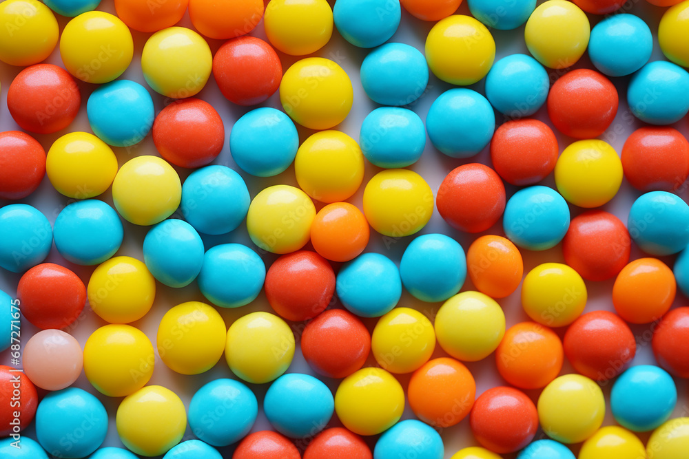Obraz premium Background with Colored Candies - Blue, Green, Orange, Yellow, Red Balls - Sweet Confections Display - Created with Generative AI Tools