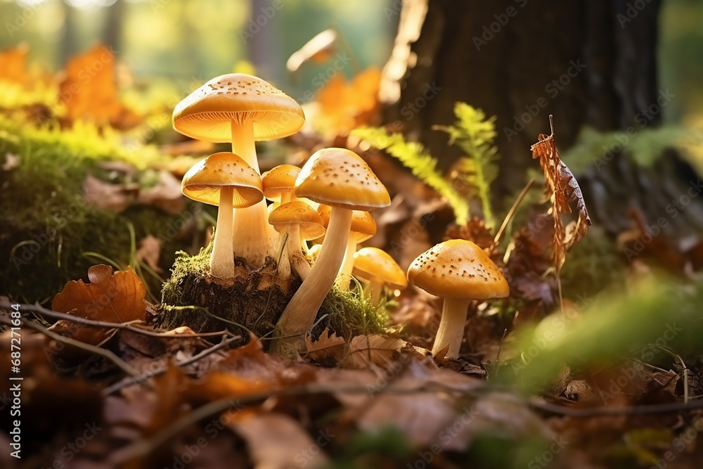 Beautiful Closeup of Forest Mushrooms in Grass - Autumn Season Fungi Photography - Little Fresh Mushrooms Growing in Autumn Forest - Created with Generative AI Tools Beautiful Closeup of Forest Mushrooms in Grass - Autumn Season Fungi Photography - Little Fresh Mushrooms Growing in Autumn Forest - Created with Generative AI Tools