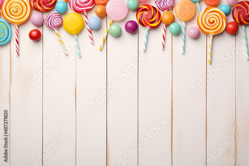 Colorful Candies and Lollipops Over Wooden Background - Sweet Confections on Rustic Surface - Created with Generative AI Tools