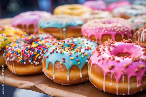 Donuts of Different Flavors and Colors in a Street Market in Budapest - Sweet Delights in the Hungarian Capital - Created with Generative AI Tools