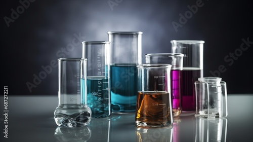 Glass laboratory ware with colorful liquids, science, scientific research, and chemistry concept. Experimentation, analysis, and the exploration of various chemical elements in pursuit of knowledge. © Ilia