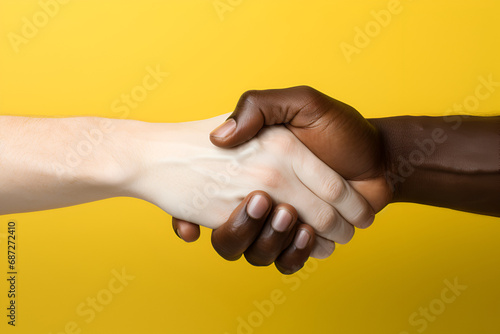 Black and white hand in handshake. Handshake between african and a caucasian man, helping, brotherhood concept.
