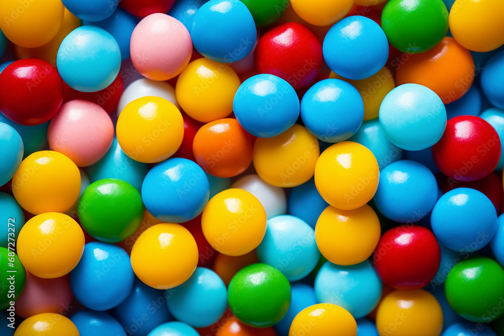 Fototapeta premium Background with Colored Candies - Blue, Green, Orange, Yellow, Red Balls - Sweet Confections Display - Created with Generative AI Tools